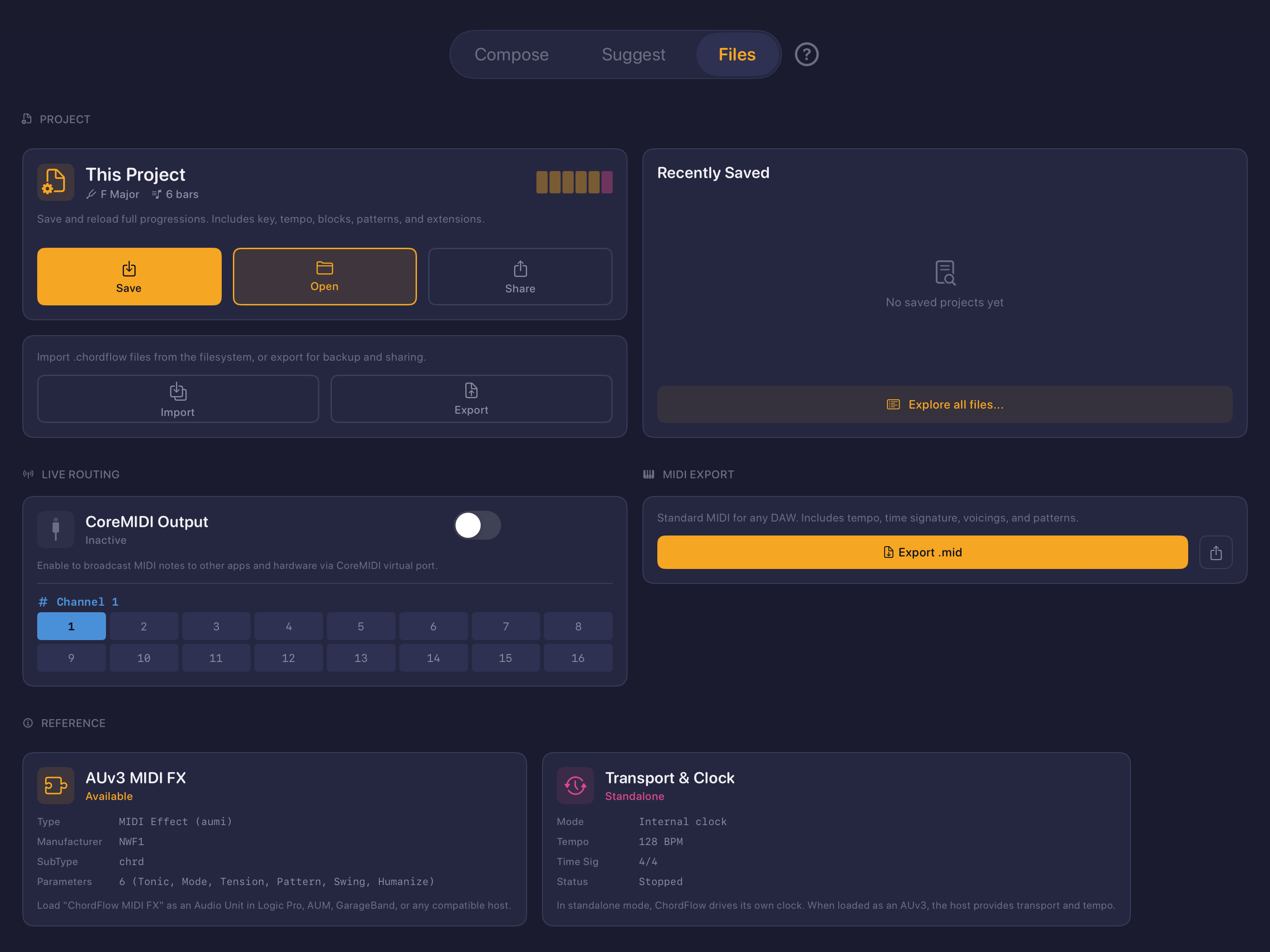 ChordFlow files and MIDI export screen