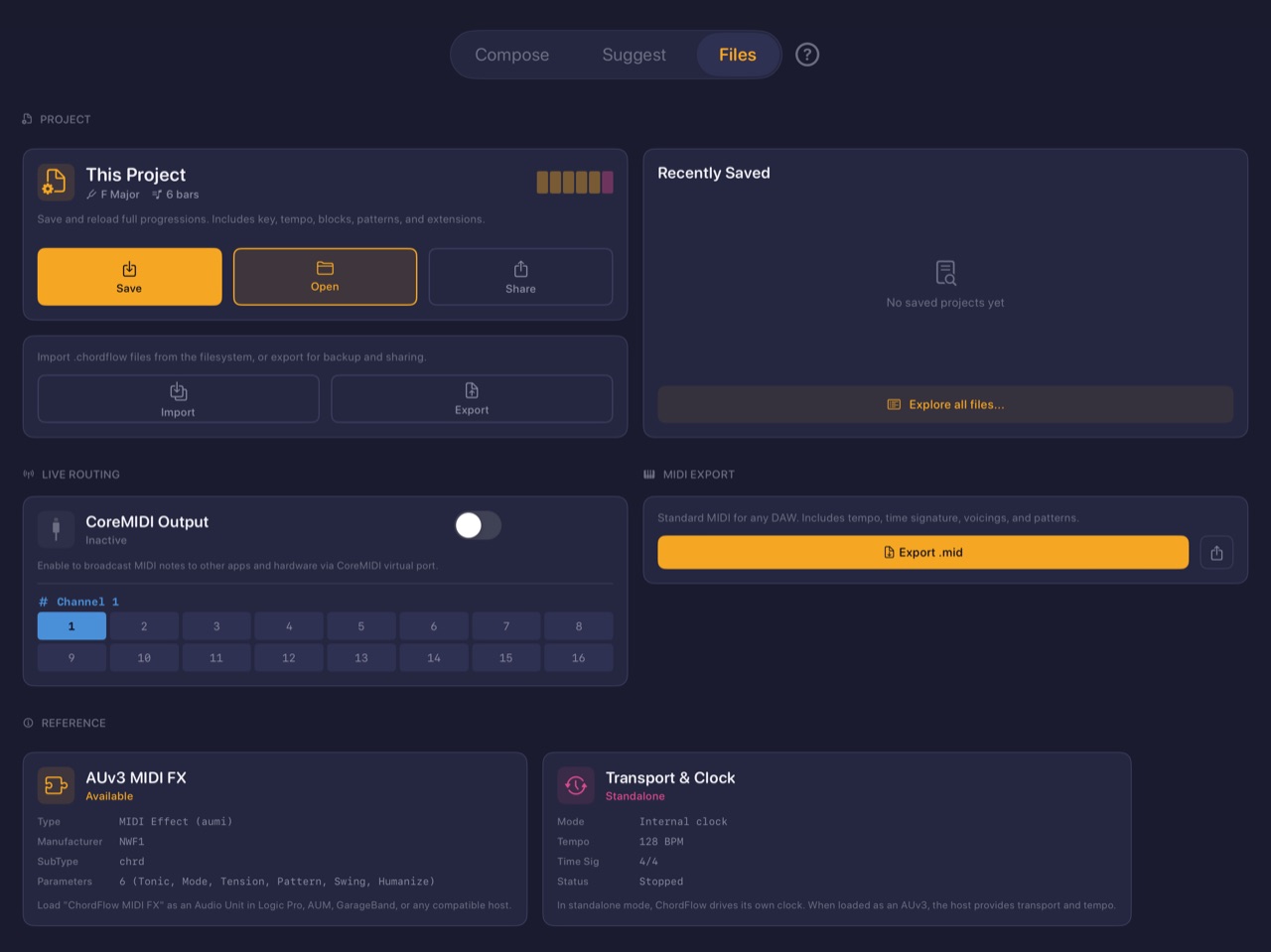 ChordFlow files and MIDI export screen