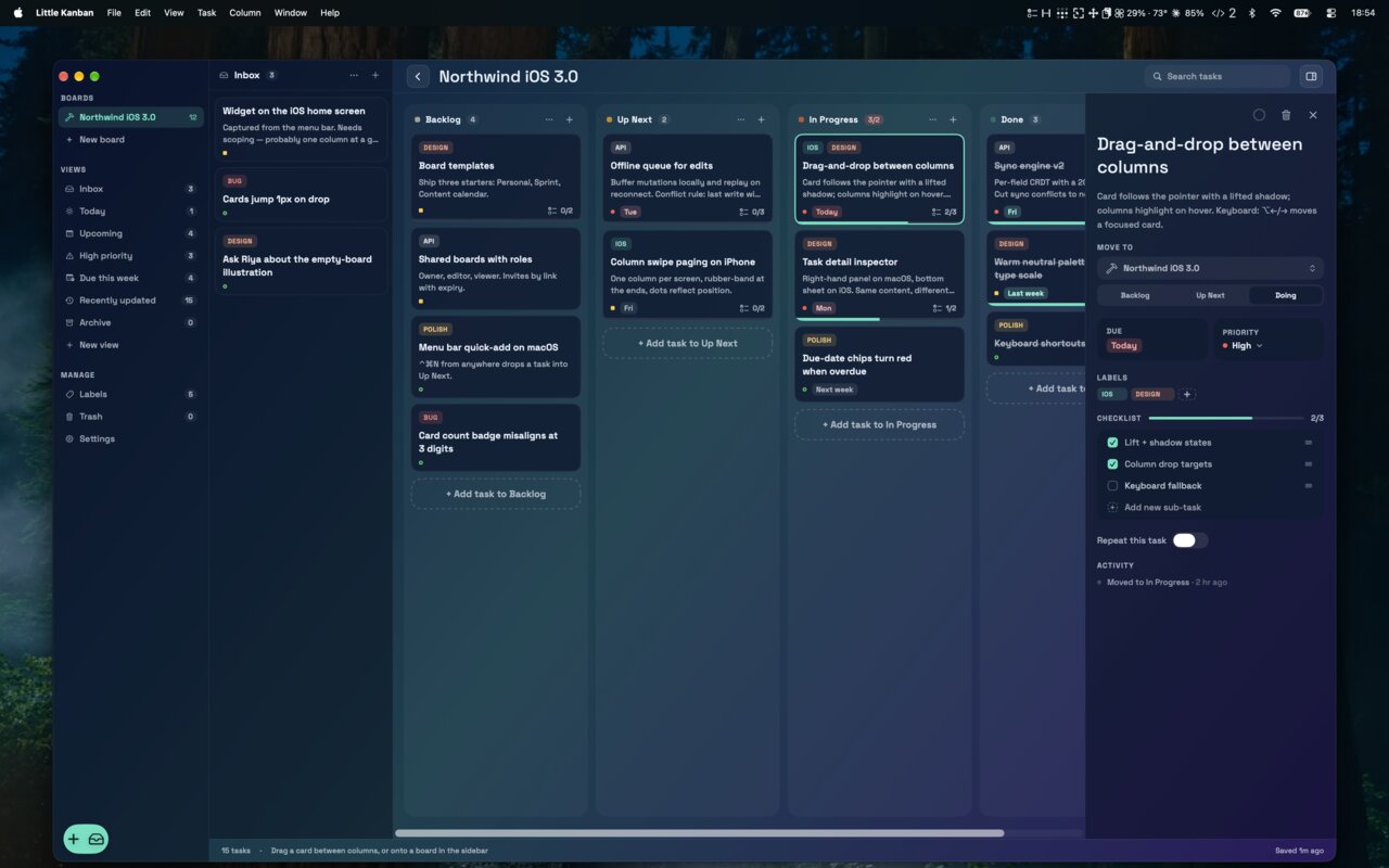 Boards, one Inbox and a card's whole story, side by side