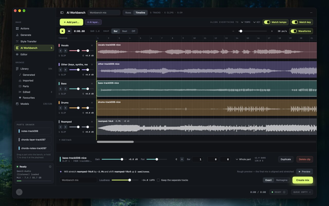 Arrange stems and clips on a timeline