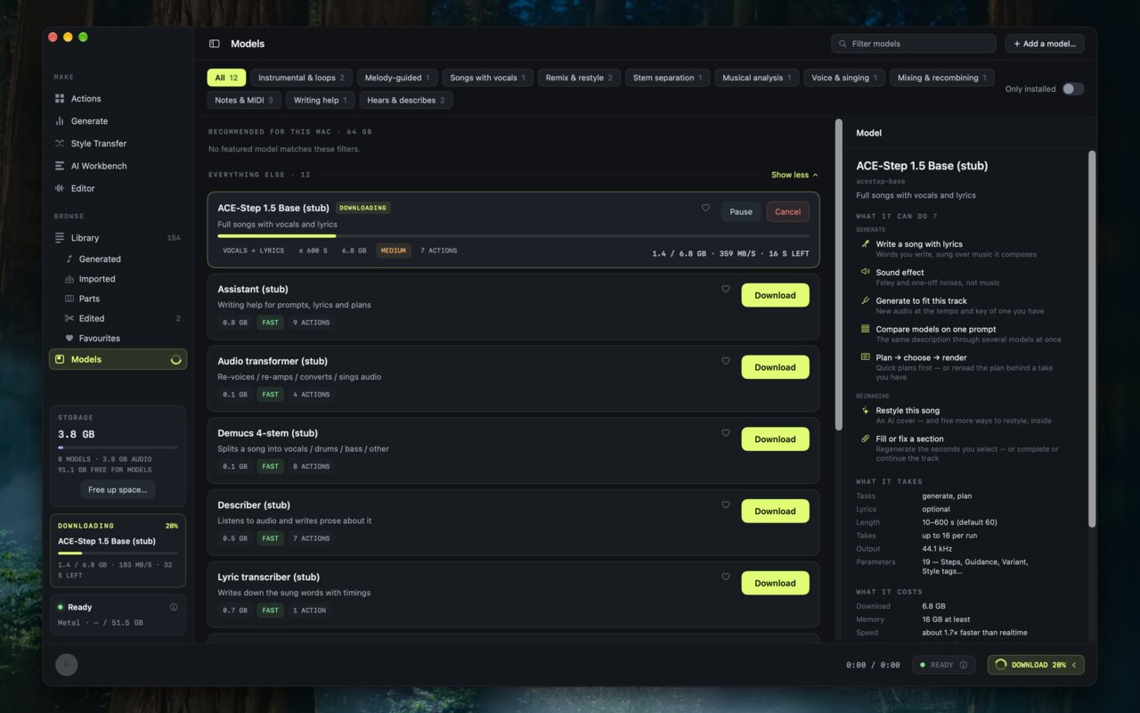 Models install in-app, with the storage they take shown up front