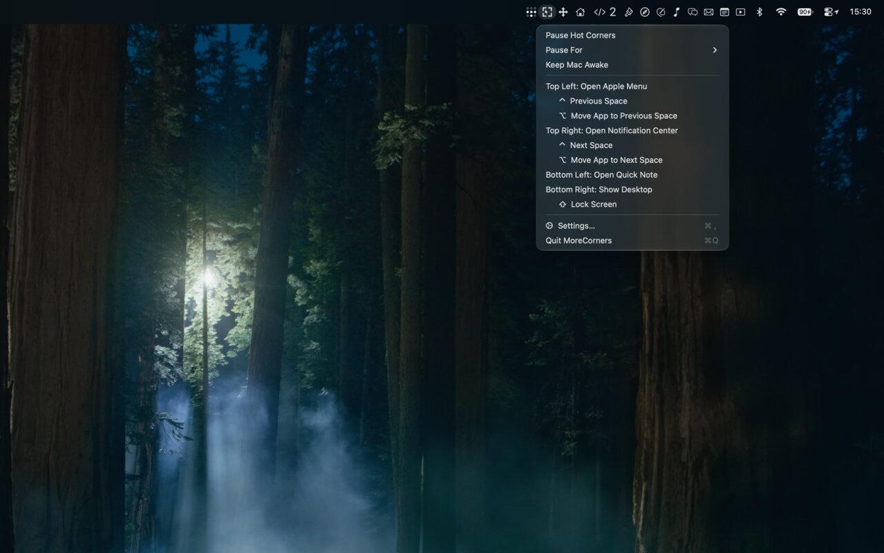 The menu is a command palette: run any corner's action from it