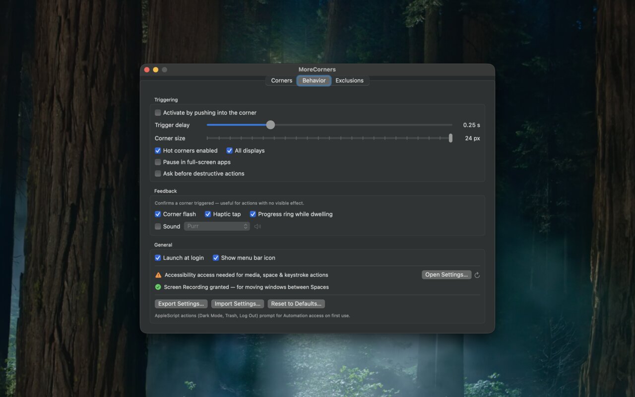 Delay, corner size, feedback and permissions in one place