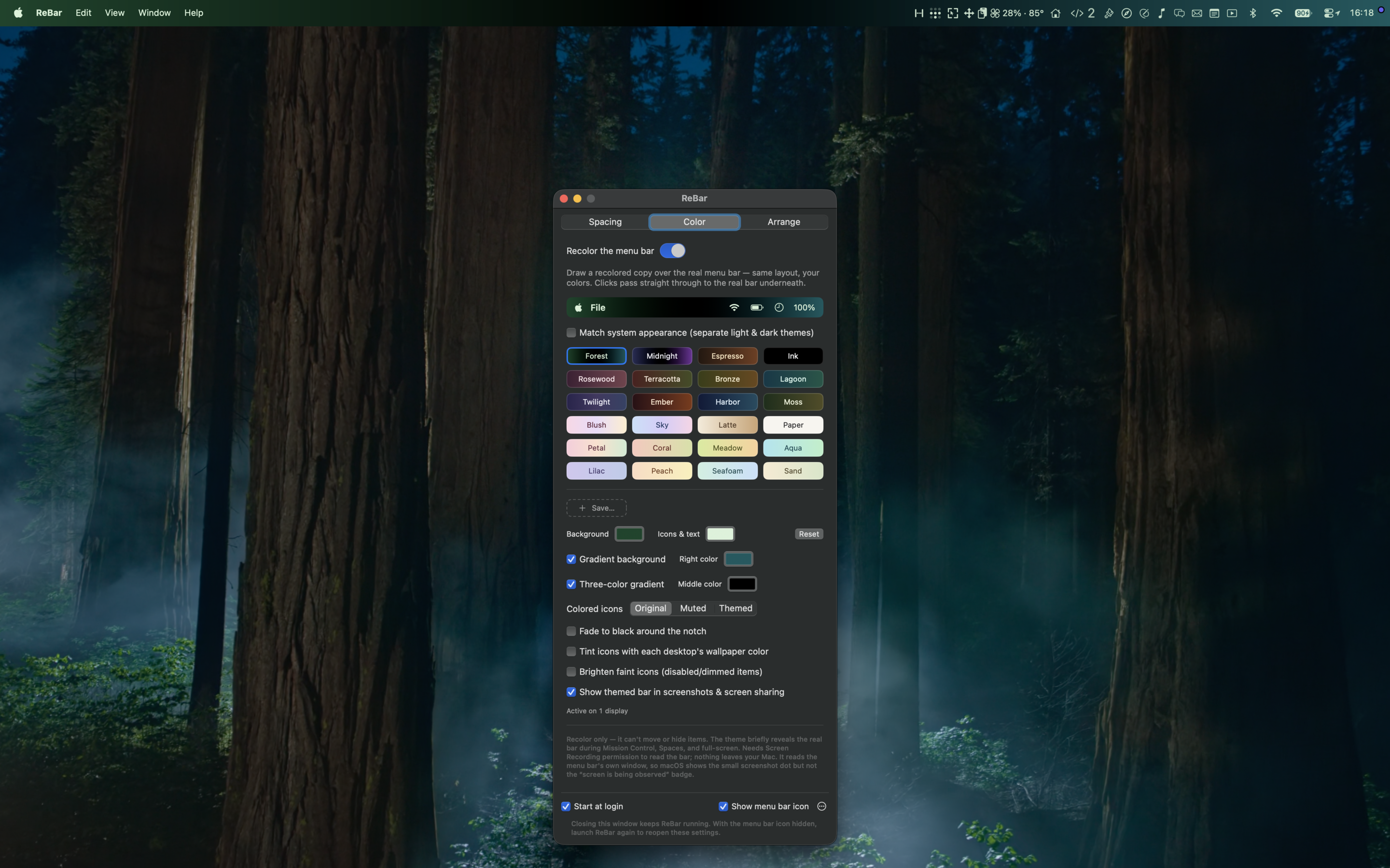 A themed menu bar, colour and all, with the window that made it