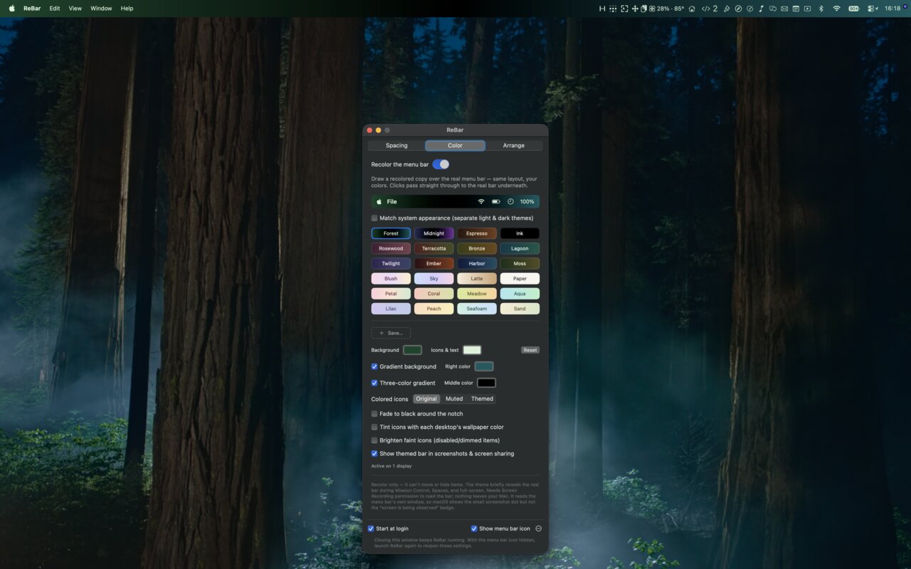 A themed menu bar, colour and all, with the window that made it