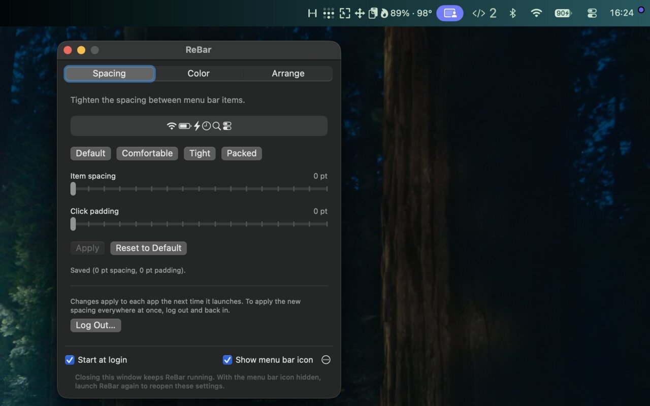 Item spacing and click padding, from macOS's 16 pt down to zero