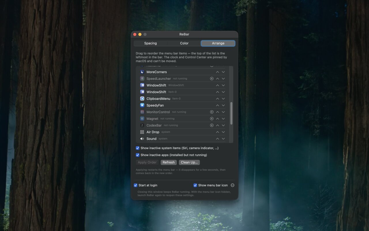 Drag the bar into order, including apps that are not running