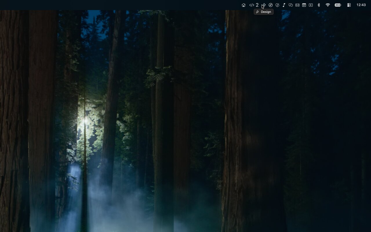 The menu bar strip: every Space as an icon, the current one lit