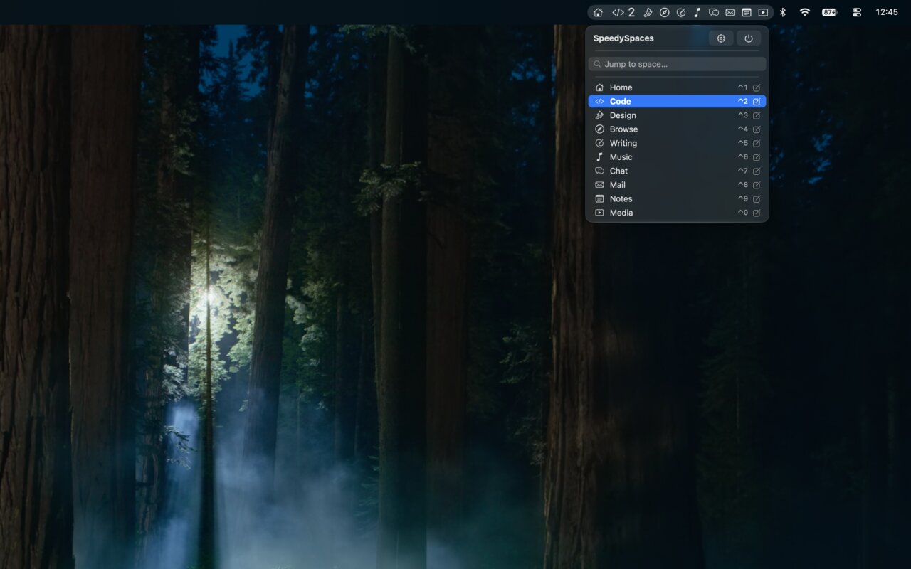 The menu: jump to any Space by name, icon or shortcut