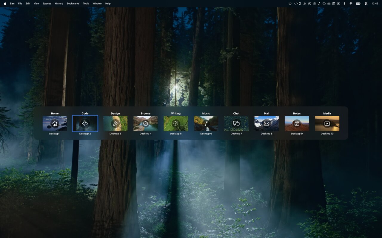 The switcher: hold ⌃ and the whole set of Spaces appears