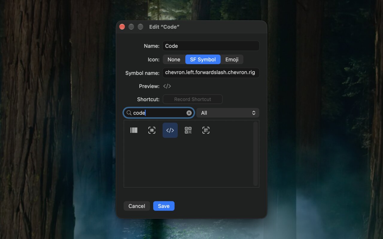 Rename a Space, pick an SF Symbol or emoji, record a shortcut