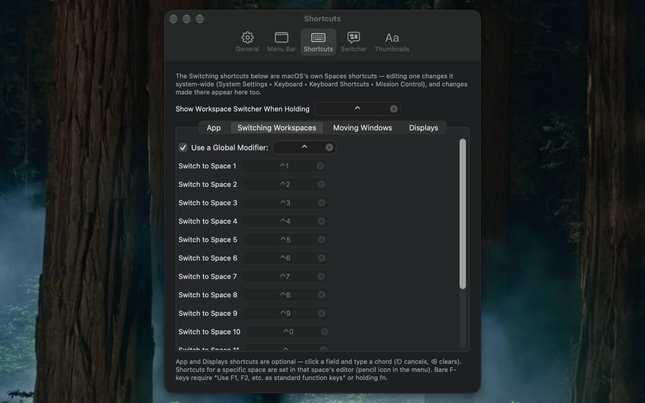 Shortcuts for every Space, plus move-window and display hotkeys